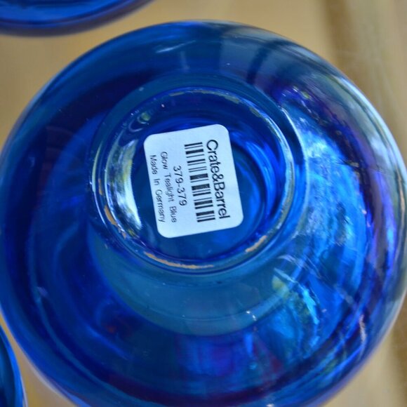 Set of 4 Crate & Barrel Glow Blue Glass Tealight Candle Holders - Picture 5 of 9